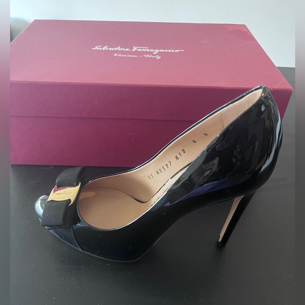 Salvatore Ferragamo Black Patent Leather Stilettos with Gold Bow